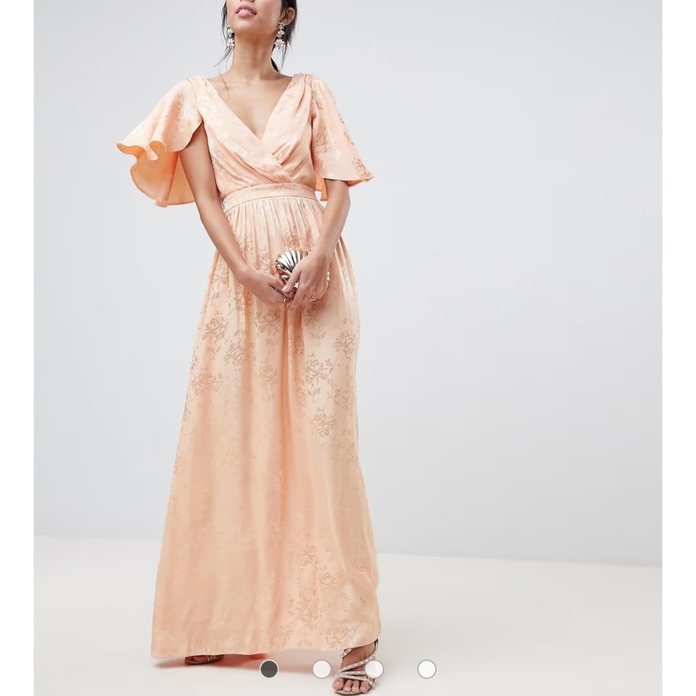 ASOS Peach Floral Jacquard Cape Sleeve Tie Back Maxi Dress Gown Formal Wedding